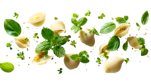 Fresh herbs and pasta shells floating on white background. 