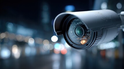 Security Camera Surveillance System at Night with Blurred City Background
