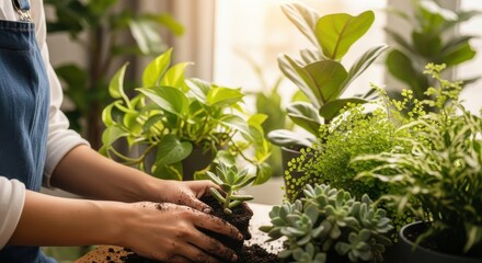 Person planting succulent surrounded by lush greenery indoors atmosphere