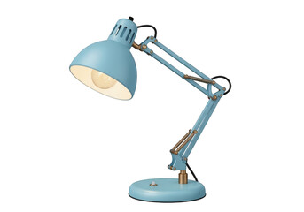 A vintage style articulated desk lamp with a light blue finish providing illumination isolated on transparent background