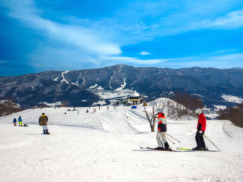 Skiers enjoying the panoramic winter view from the top of a ski resort (Togari Onsen, Nagano, Japan)