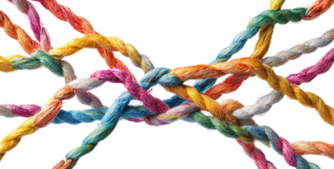 Multicolored threads intertwining, forming a complex network.  A vibrant display of interwoven, colorful cords