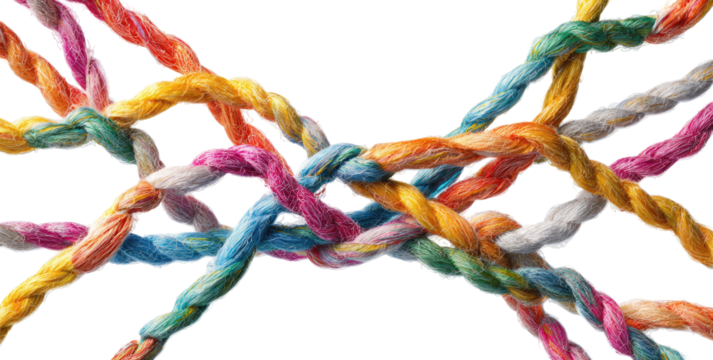 Multicolored threads intertwining, forming a complex network.  A vibrant display of interwoven, colorful cords