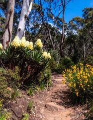 Sunny forest path lined with yellow flowers and shrubs