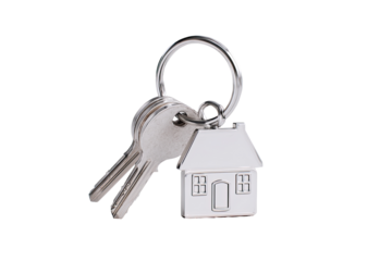 Metal house-shaped keychain with two keys