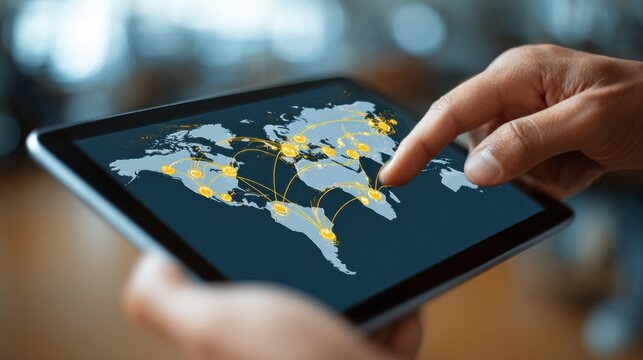 Hands holding tablet displaying global network map
