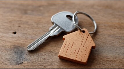 Metal house key with a small wooden house shaped keychain is lying on a wooden table, suggesting concepts of homeownership, renting, and real estate transactions - Powered by Adobe