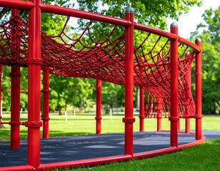 Red climbing net playground structure in a grassy park