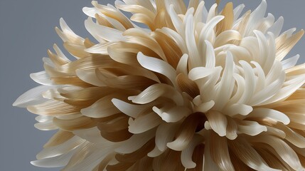 Obraz na płótnie Canvas Close-up of intricate abstract sculpture resembling organic petals or tendrils in white and beige tones against neutral background