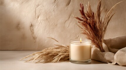 Elegant soy candle in a glass jar with pampas grass and neutral fabric, styled on beige textured surface with soft natural lighting