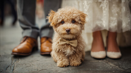 Small brown dog wearing a stylish bow tie sitting contentedly near the feet of newlyweds during a joyful wedding ceremony
