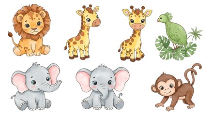 Cute watercolor jungle animals illustration featuring lion giraffe elephant monkey