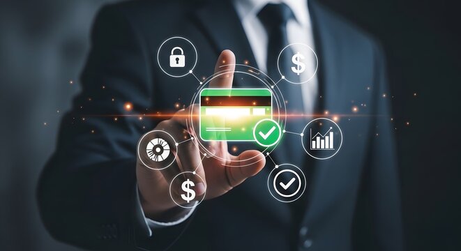 Businessman touching secure digital payment and financial transaction icons on screen