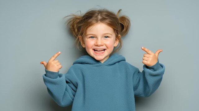 Adorable child pointing at herself with pride and joy, while she looks directly at the camera with a cheerful expression. This delightful moment radiates with youthful happiness.