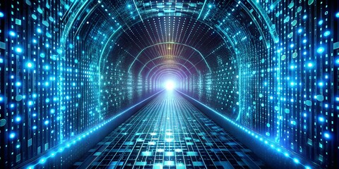 A mesmerizing digital tunnel with glowing blue lights, showcasing futuristic technology, data transfer, and artificial intelligence concepts, perfect for illustrating cyber space and network connectio