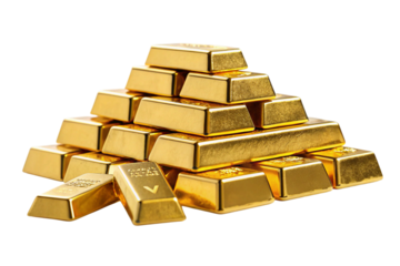 Stack of shiny gold bars forming a pyramid isolated on transparent background