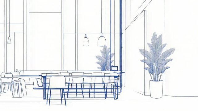 Blueprint of modern cafe interior design showing tables and chairs