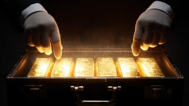 Hands holding gold bars in briefcase