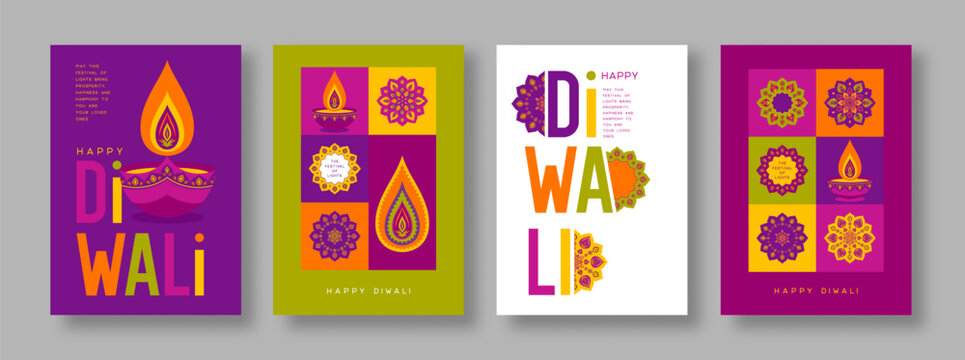 Diwali colorful typography cards with Diya lamp and mandala, festive colorful design for Happy Diwali celebration greeting cards and posters. Vector illustration