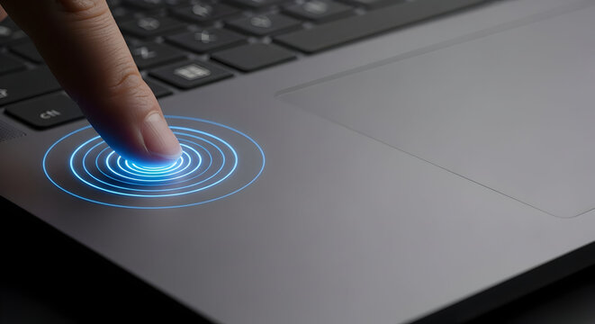 Touchpoint activation on laptop touchpad: Close‑up finger pressing an illuminated circular touch target on a laptop touchpad symbolizing gesture controls, biometric-like access, haptic activation, int