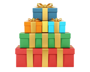Stack of colorful gift boxes with ribbons isolated on transparent background