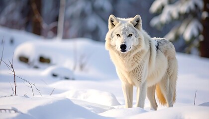 Obraz premium Pale wolf stands alert in snow-covered forest during winter; backround blurry