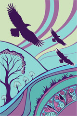 Obraz premium A digital drawing in a stylized, abstract art style featuring three silhouetted birds flying in a V-formation against a pastel background. The background consists of wavy lines in shades of blue, pink