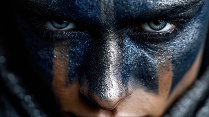 Naklejka premium Intense Portrait of a Person with Dark Blue and Black Face Paint