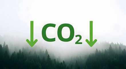 CO2 reduction graphic over misty forest: Bold green “CO2” with downward arrows superimposed on foggy tree canopy — representing carbon emissions reduction, decarbonization targets, nature‑based carbon