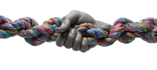 Hands holding a vibrant, multicolored rope