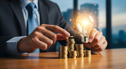 Idea-to-investment: Businessperson safeguarding a glowing lightbulb atop stacked coins — symbolizing startup funding, intellectual property protection, seed investment, monetizing innovation, and brid