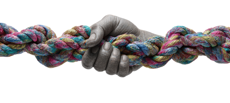 Hands holding a vibrant, multicolored rope