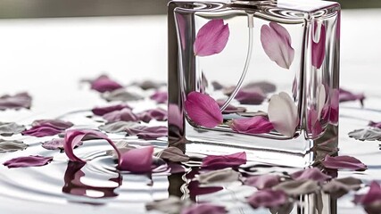 Elegant fragrance product advertisement with flower petals and water surface ripples 50 Characters