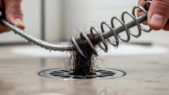 Firstperson angle of mechanical drain snake entering floor grate highlighting aggressive wire coil catching hair tangles blocking water passage.