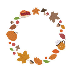 Autumn frame made of hand drawn fall leaves, berries, acorns, pumpkin, cherrypie, mug and mushrooms. Vector design with empty center for your message or text. Perfect for seasonal promotions and ads.