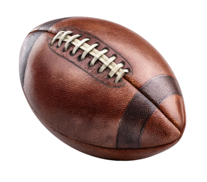 A leather American football, slightly angled, shows its distinctive stitching and dark brown leather panels