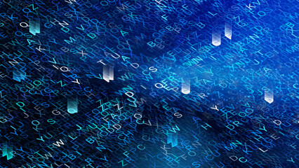 Vivid blue background showcases a swirling array of letters and shapes, creating an abstract representation of digital communication and technology in motion.