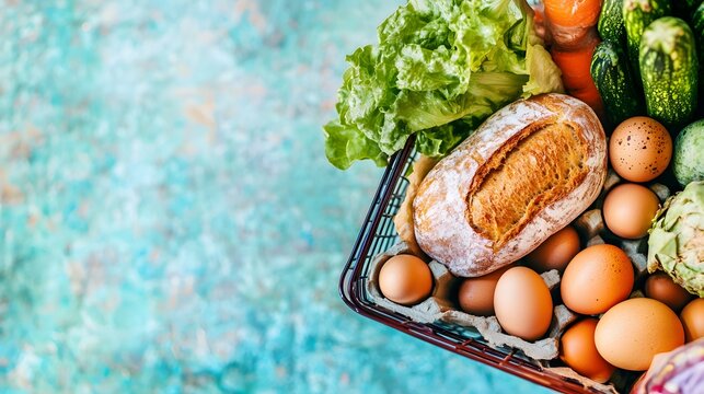 Basket of fresh farm groceries on textured teal background, perfect for food blog headers, organic market promos