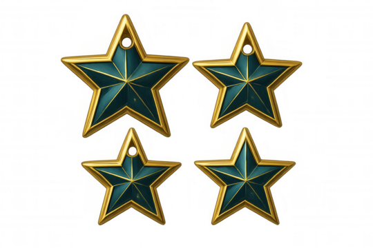 Four teal and gold christmas stars hanging ornaments on a transparent background, perfect for holiday projects