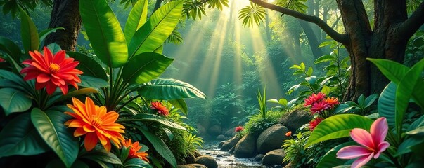 Lush green tropical foliage thrives in a vibrant, sun-drenched garden Large leaves, exotic flowers, and vibrant colors create a stunning display of tropical paradise , paradise, warmth, summer