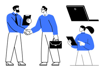 Two business professionals shaking hands, one holding a briefcase, with a colleague using a tablet. Featured alongside is a laptop. Ideal for teamwork, collaboration, business, partnership