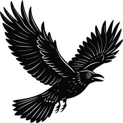 Black Raven in Flight with Wings Spread Detailed Vector Illustration for Design
