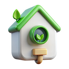 Eco smart home hub with floating interface panels, isometric perspective.