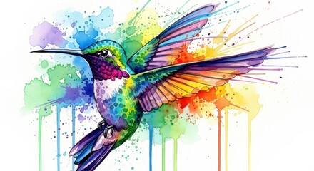 Fototapeta premium Vibrant Watercolor Hummingbird in Flight