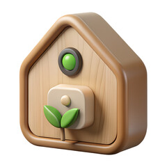 Eco smart home hub with floating interface panels, isometric perspective.