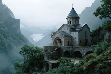 Mountain monastery nestled in misty valley evokes tranquility and spiritual connection among serene landscapes and towering peaks