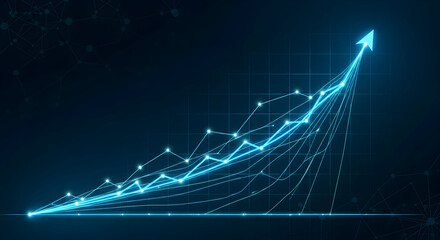 Blue holographic market surge: Neon-blue 3D line chart and candlestick pattern rising sharply against a dark grid background — symbolizing bullish market momentum, technical breakout, high-frequency s