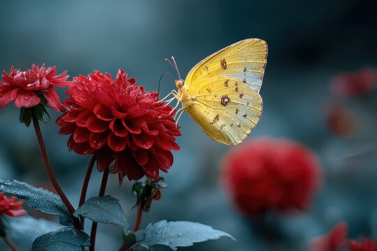 Yellow butterfly resting on vibrant red flower highlights the beauty of nature during a sunny afternoon in a garden setting, showcasing delicate details and colorful contrast