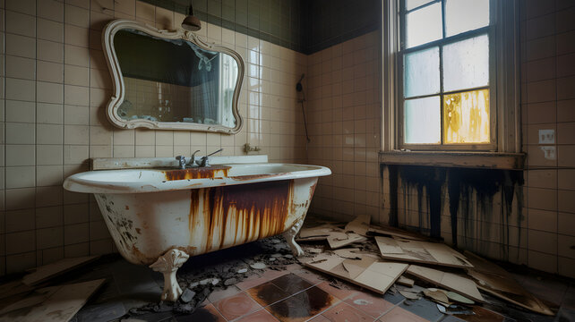 Decaying bathroom with rusty bathtub and broken tiles showing neglect - Powered by Adobe
