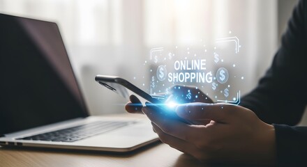 Person using smartphone for online shopping with laptop nearby
